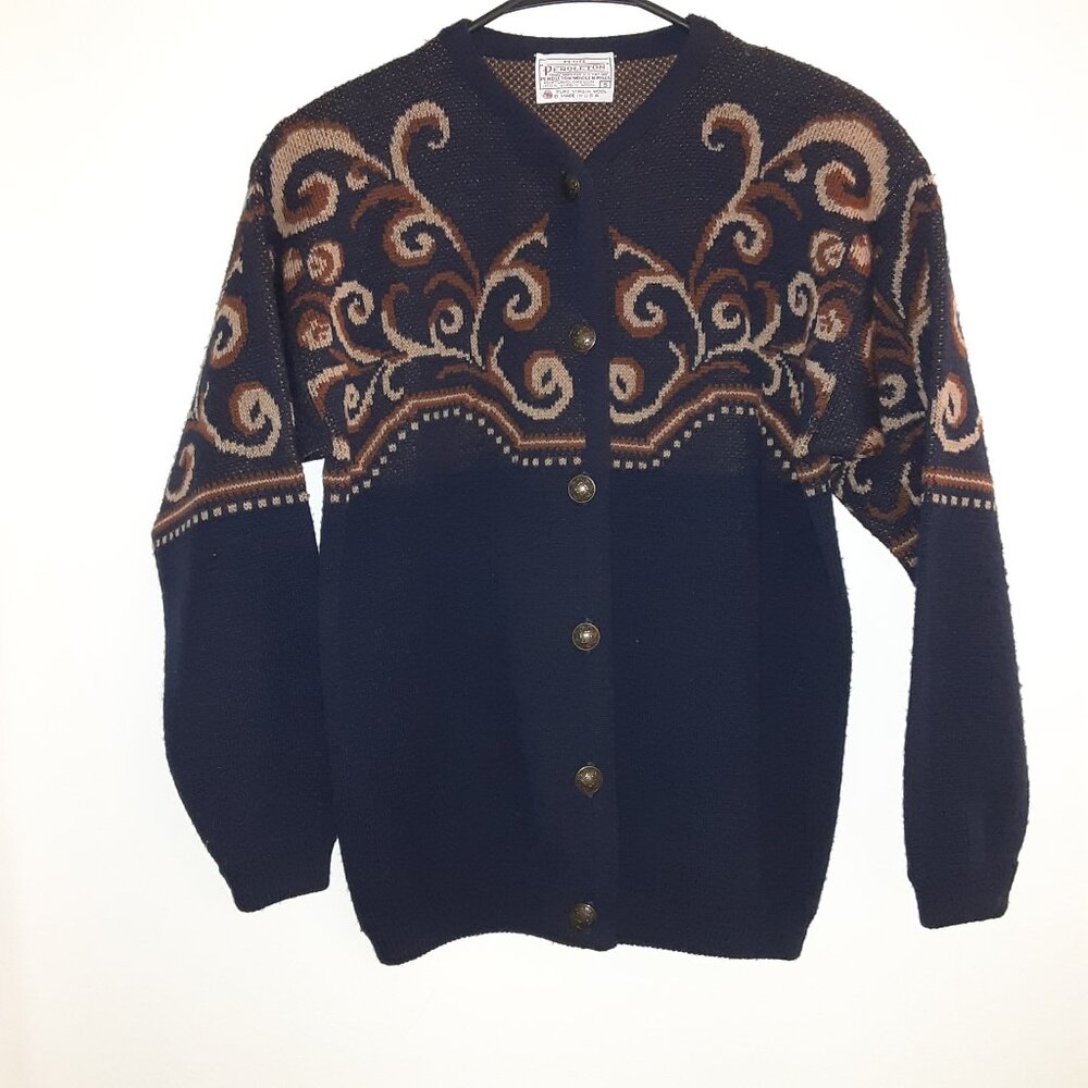 VINTAGE PENDLETON LADIES WOMENS WOOL CARDIGAN NAVY BLUE PAISLEY PATTERN S PETITE